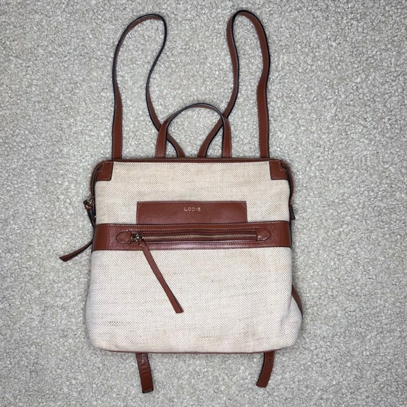 Lodis Pippa Backpack Cream Jute Cotton Tan Leather Trim Zip Top Bat main image 10